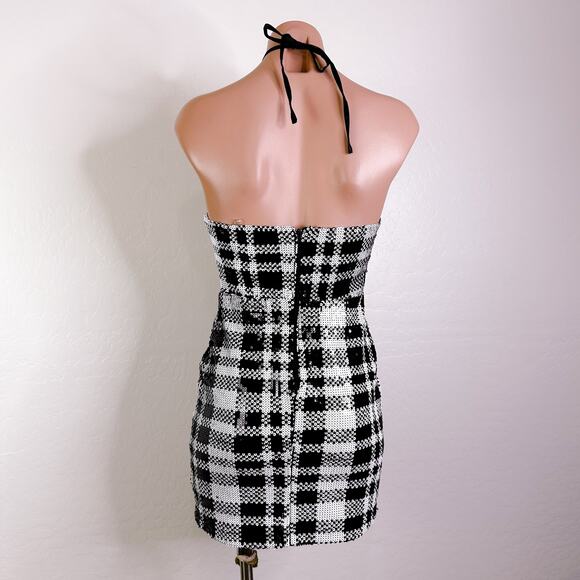 Dear Moon Plaid Sequin Tie Halter Mini Dress Retro Y2K HOCO Juniors 1 XS NWT - Picture 7 of 13